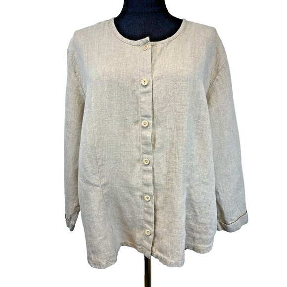 Flax Womens 100% Linen Button-Up Top‎ Size Large Lagenlook Cottage Cardigan Boho - Picture 1 of 8